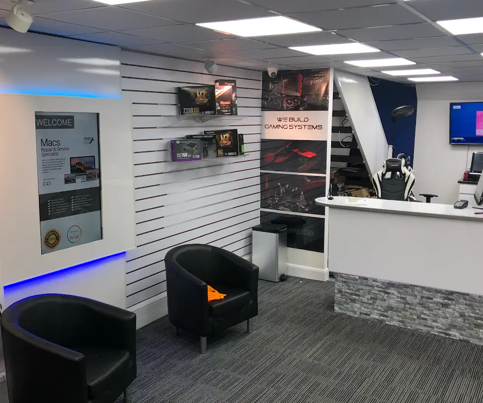 Inside our workshop, gaming PC displays and customer reception area