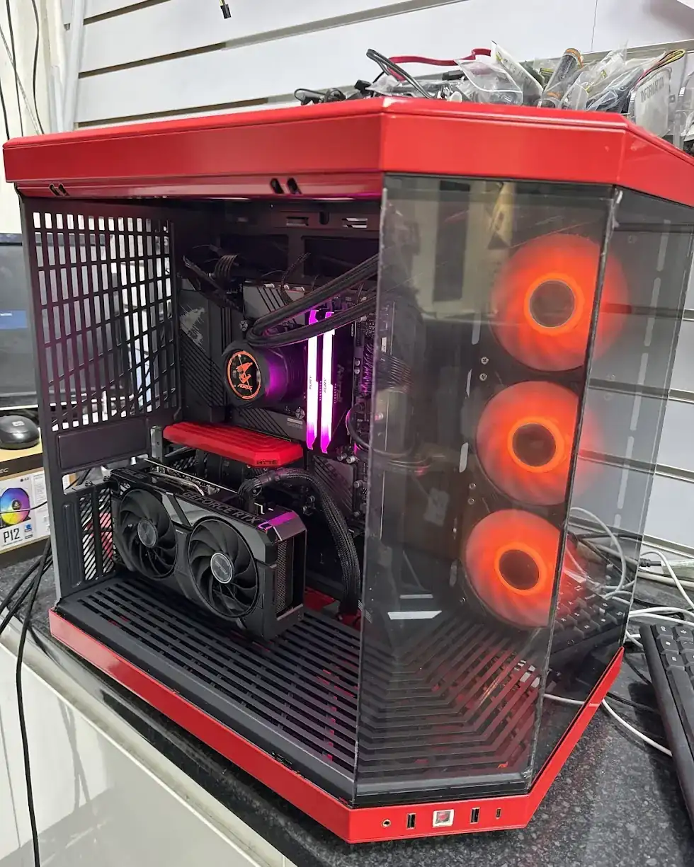 Recent custom build, red HYTE case with GeForce RTX GPU and RGB cooling fans