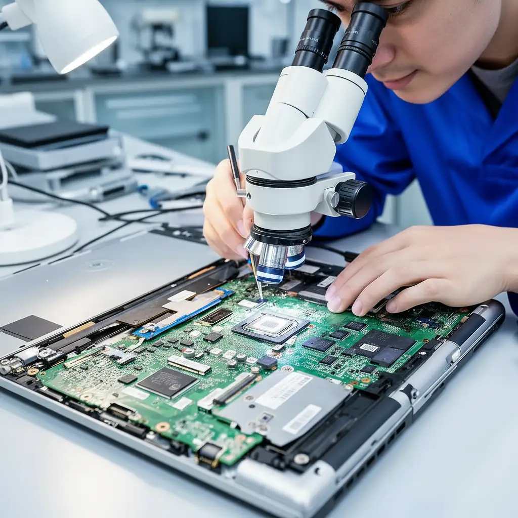 Laptop repair technician soldering a motherboard, expert diagnostics and same-day repairs in South East London